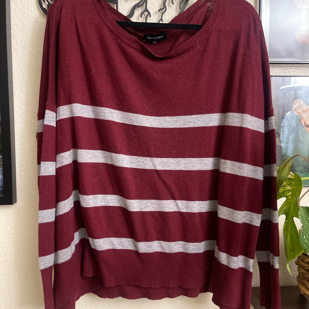 Y2K Burgundy and Gray Striped Sweater